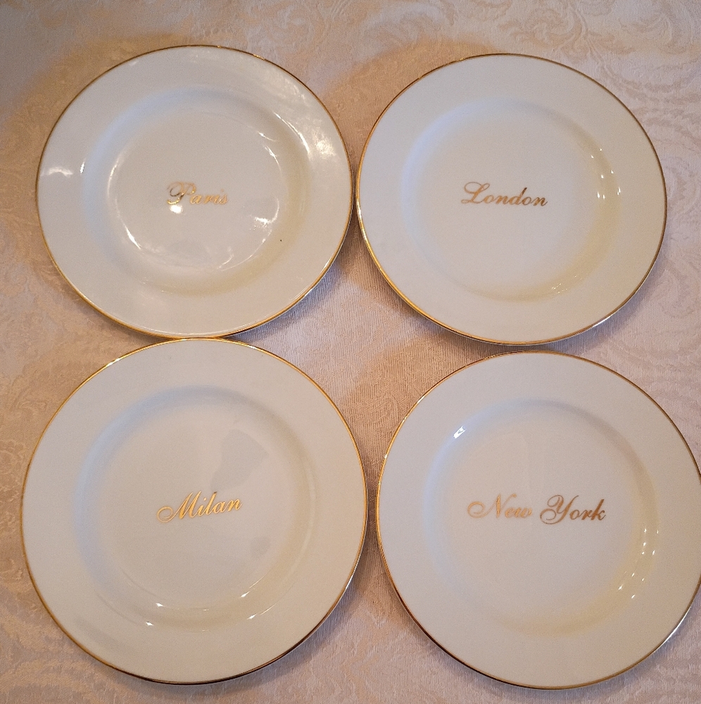 Vintage Elegant Gold-Trimmed City Dessert  Plates Set